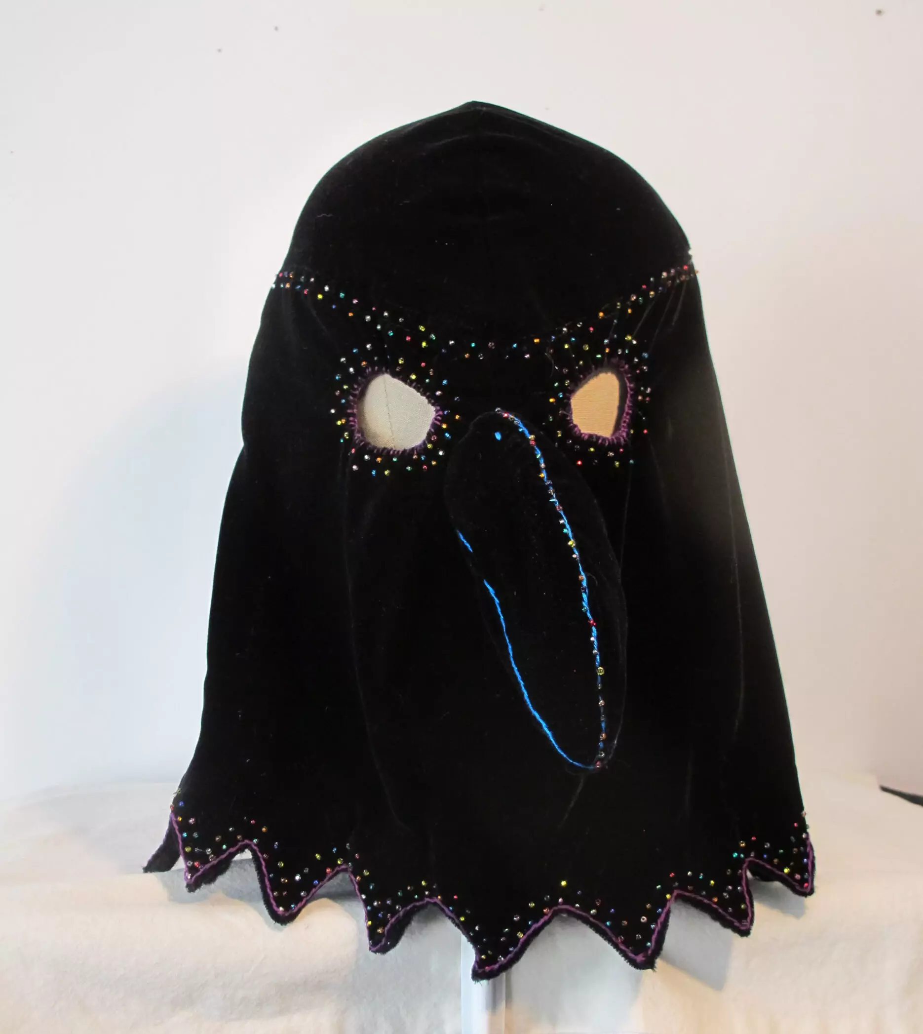 Crow Hood Mask velvet, embroidery, beads 13H x 9W x 11D 2021