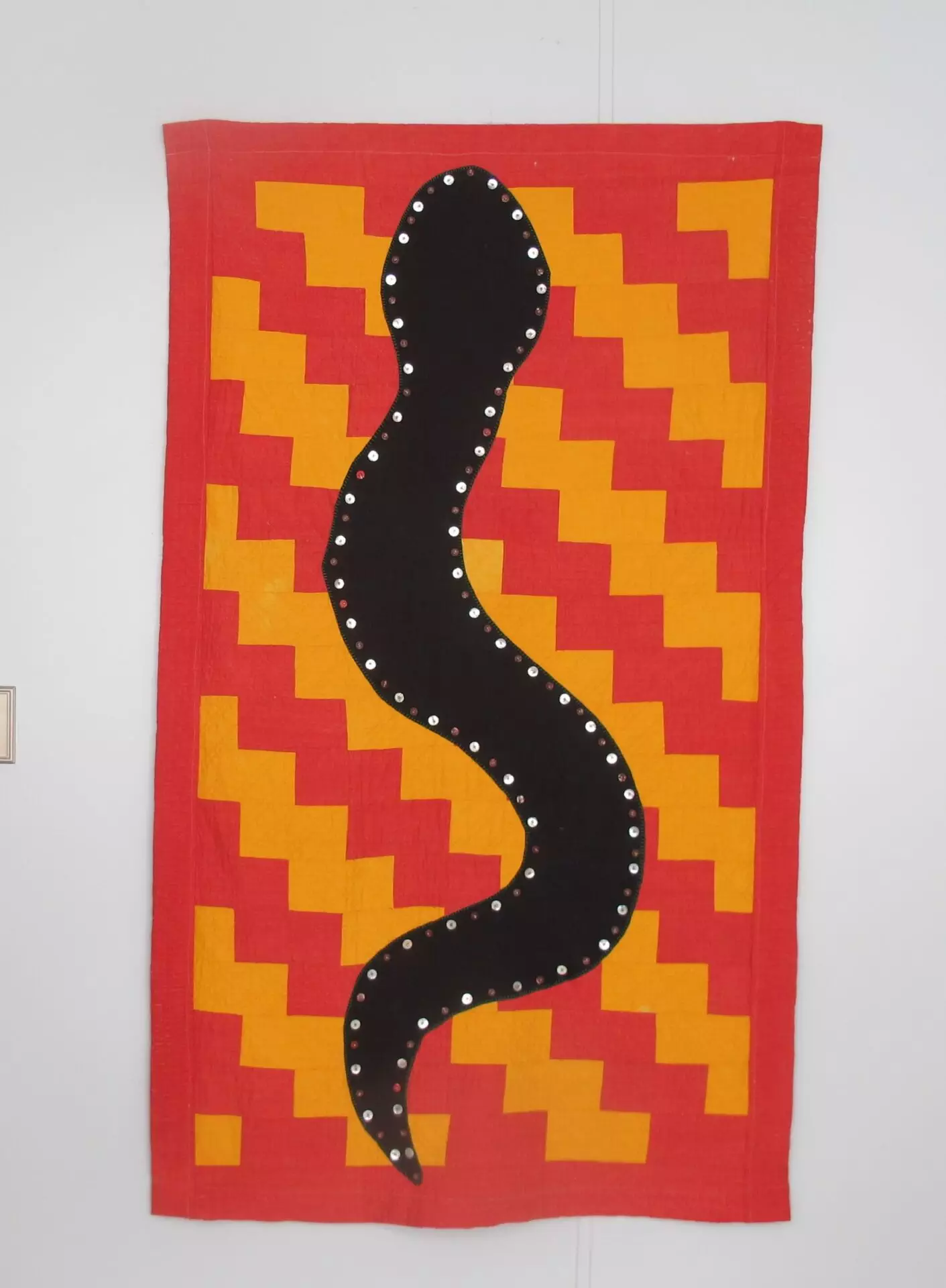 Dream Snake linen applique on vintage quilt, embroidery, buttons, beads 65H x 40W 2023