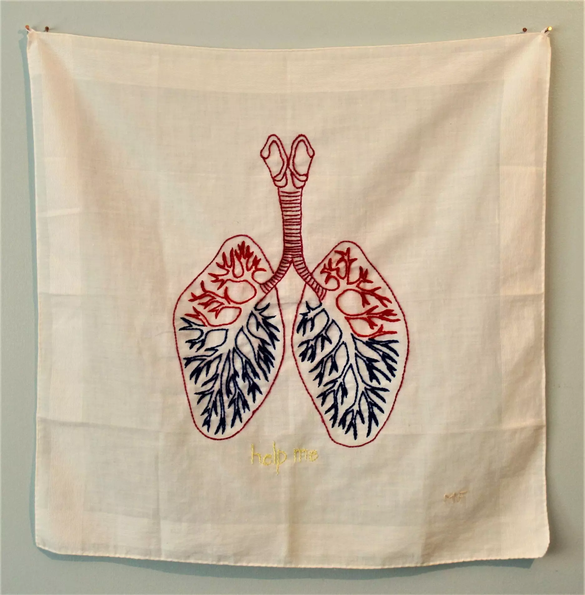 Ex Voto 2 embroidery on vintage handkerchief 15H x 15W 2018