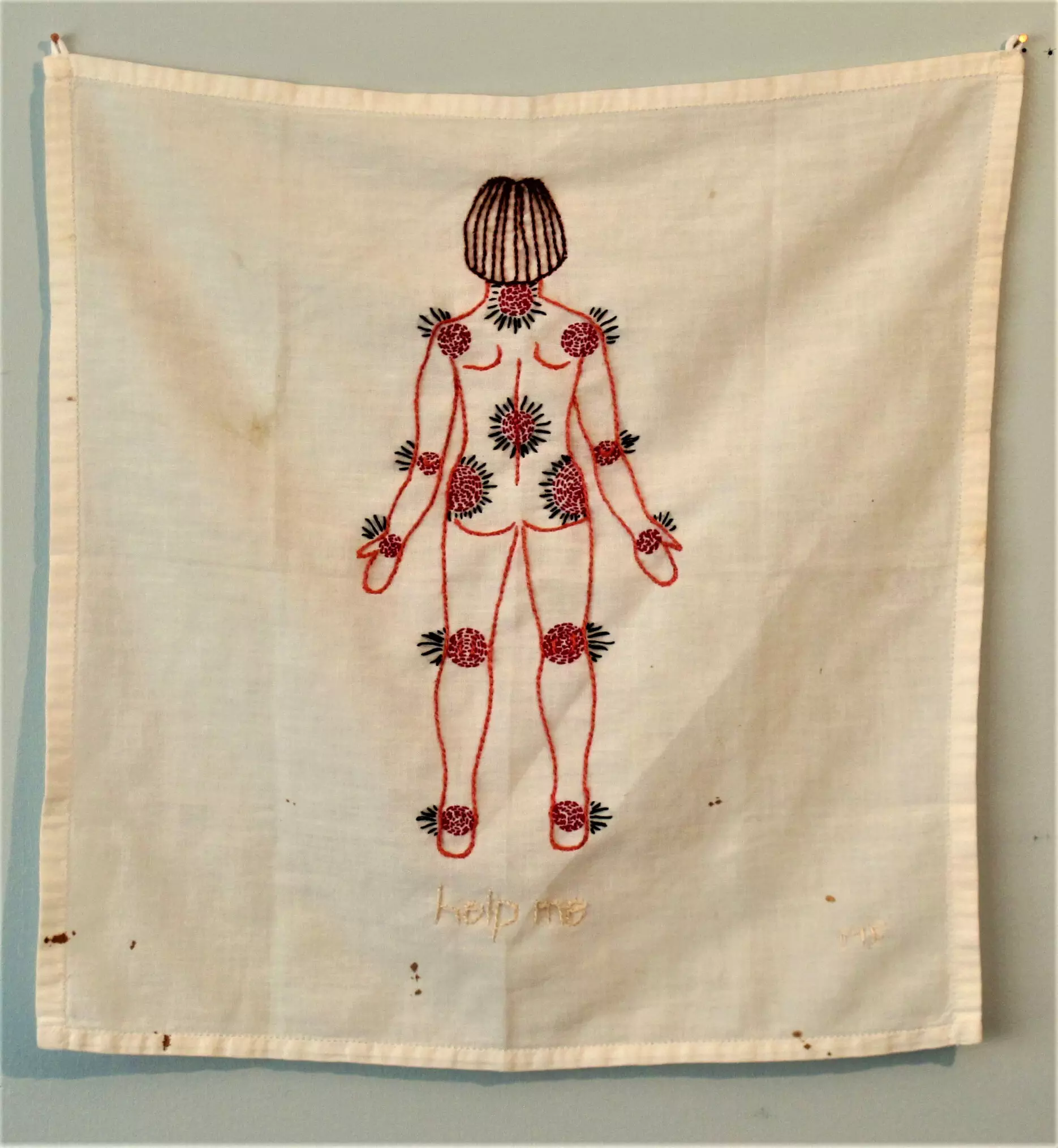 Ex Voto 4 embroidery on vintage handkerchief 14H x 14W 2018