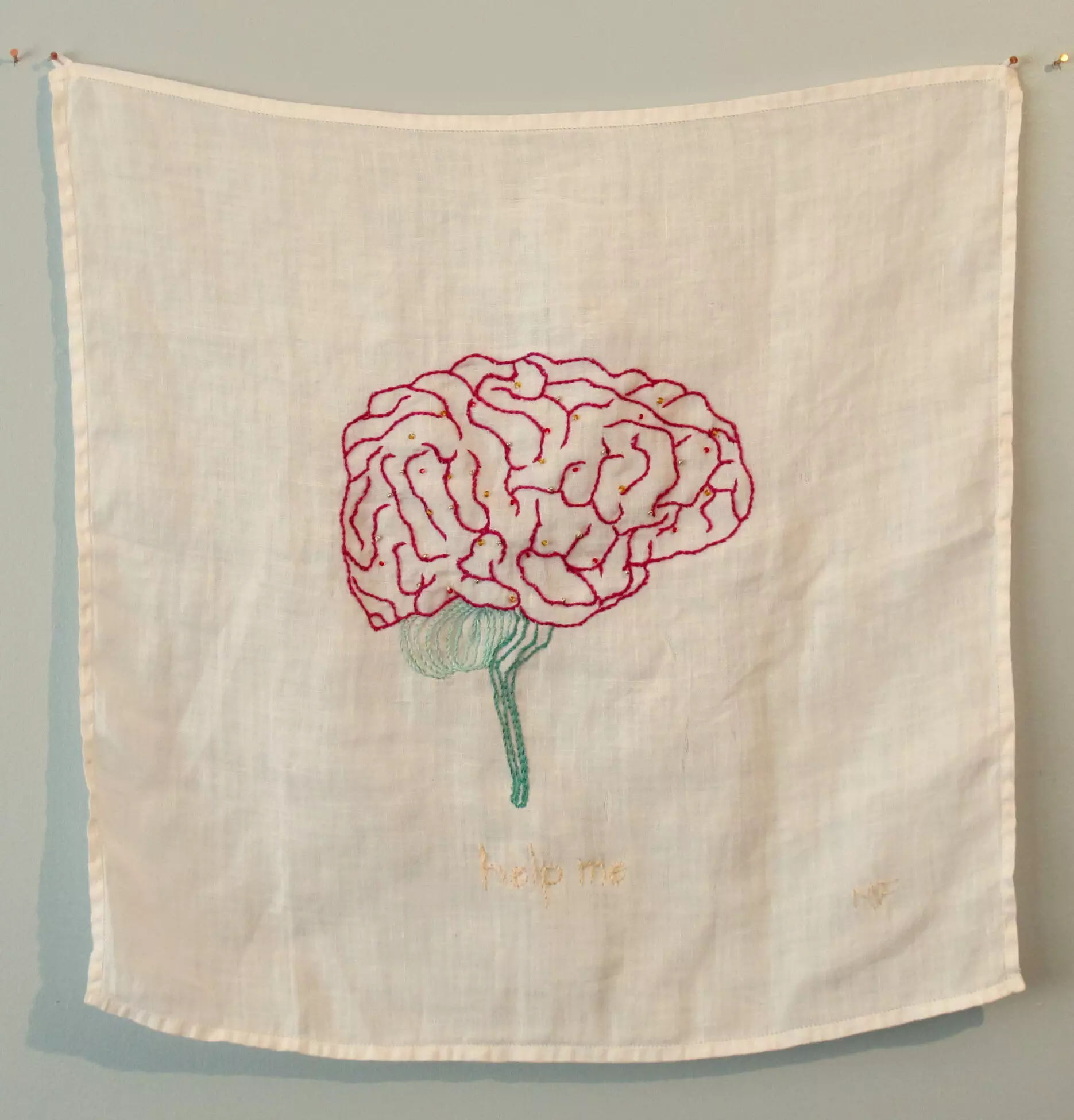 Ex Voto 5 embroidery, beads on vintage handkerchief 15H x 15W 2018