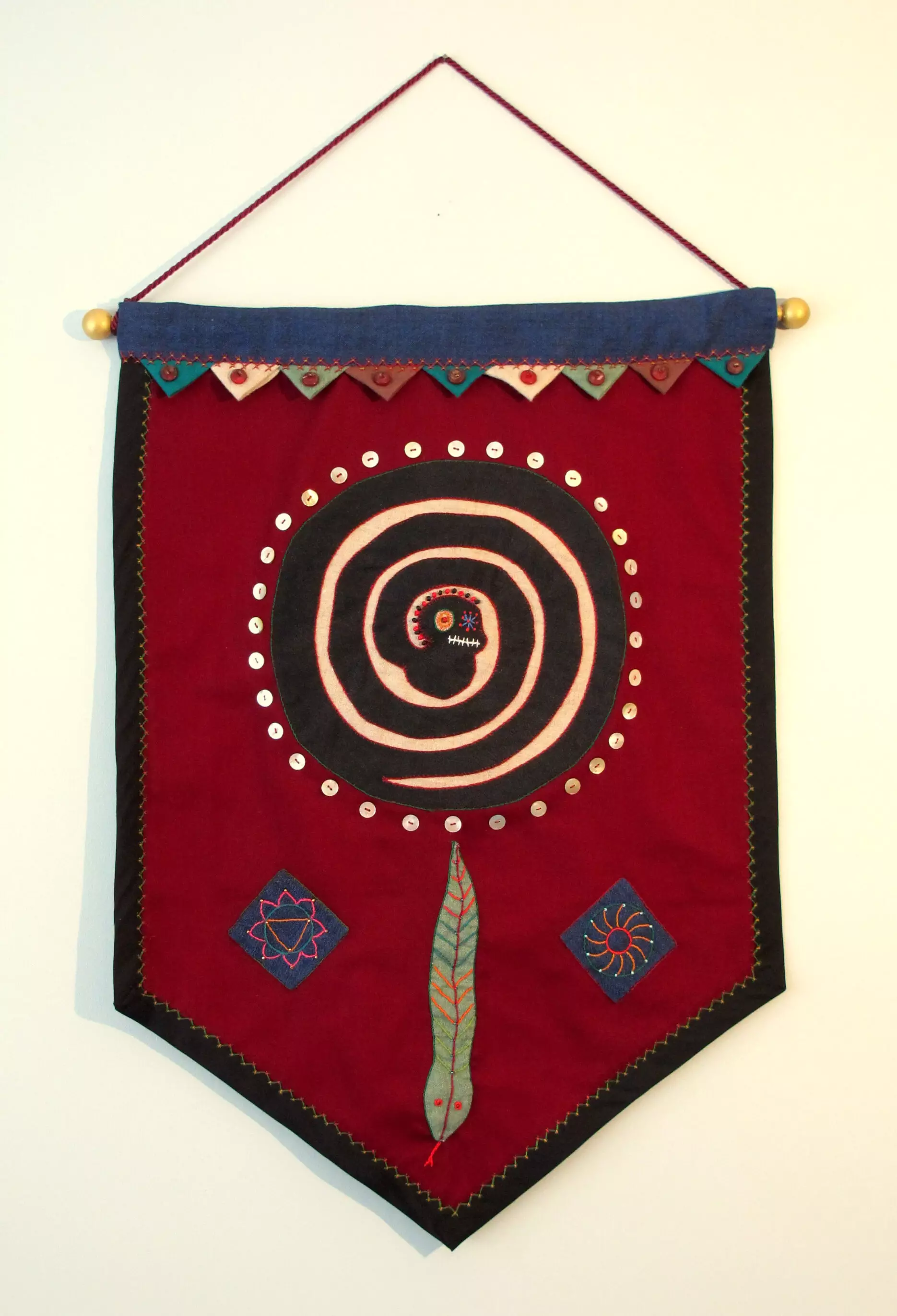 Spirit Voices applique, embroidery, beads on linen 26H x 20W 2017 Collection of Took Gallagher