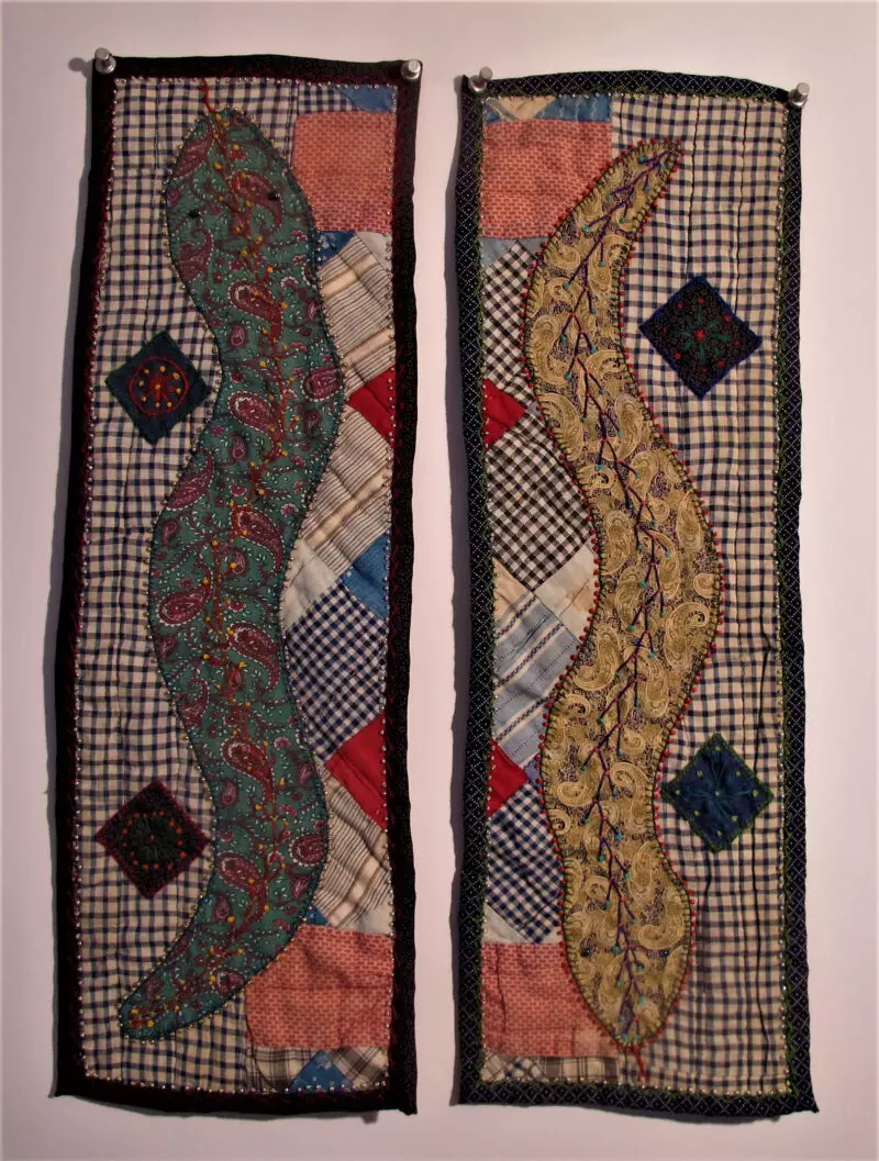 Upsnake Downsnake applique, embroidery on vintage quilt scraps 16H x 7W 2021 Collection of Took Gallagher